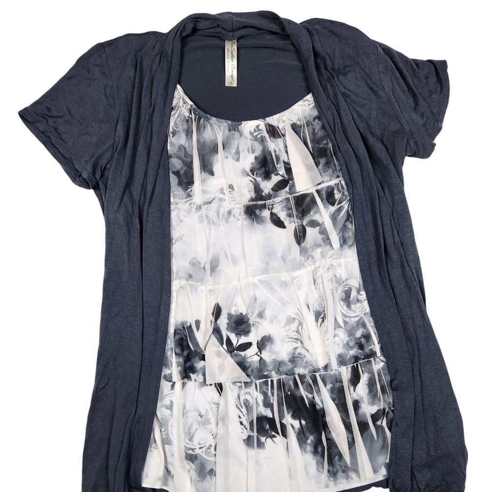 Perseption Concept Y2K Gray Short Sleeve Cardigan Ruffle Shirt‎ Size Small